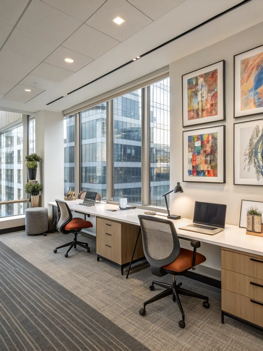 A wide shot of a modern, open-plan office space with contemporary finishes, ergonomic furniture, and collaborative work areas, highlighting Build Era Pro's capabilities in commercial construction.