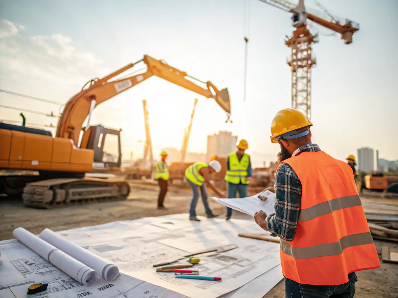 A construction site managed by Build Era Pro, showcasing a well-organized and efficient process with workers in safety gear and modern equipment.
