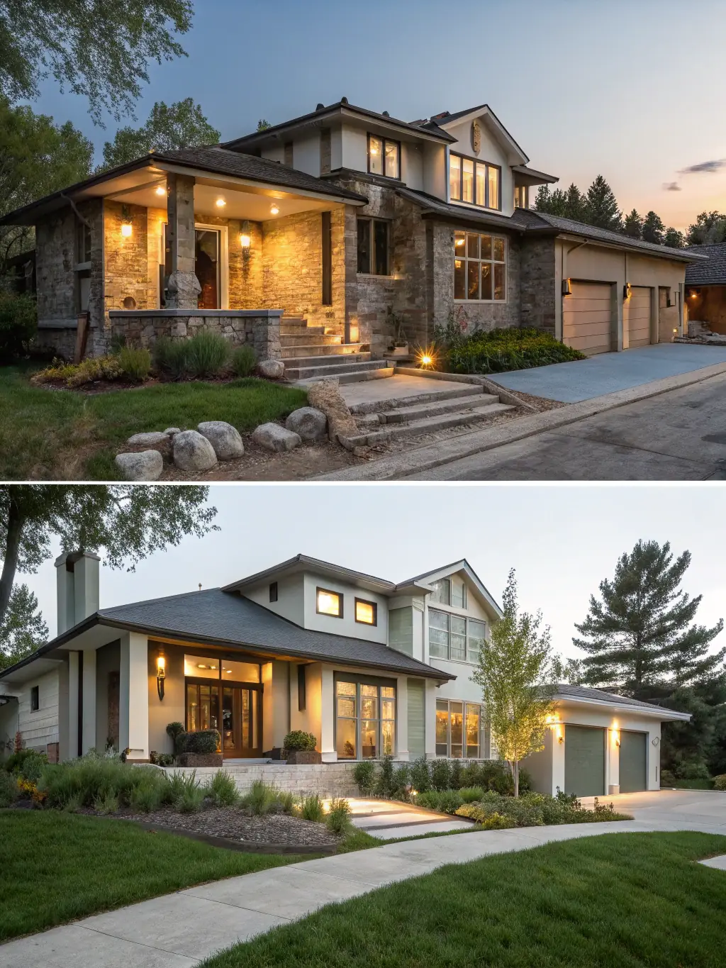A before-and-after shot of a property repositioning project, showing the transformation from a dated building to a modern, updated space with new landscaping and exterior finishes.